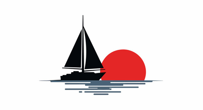 Black sailboat on calm water with red sun