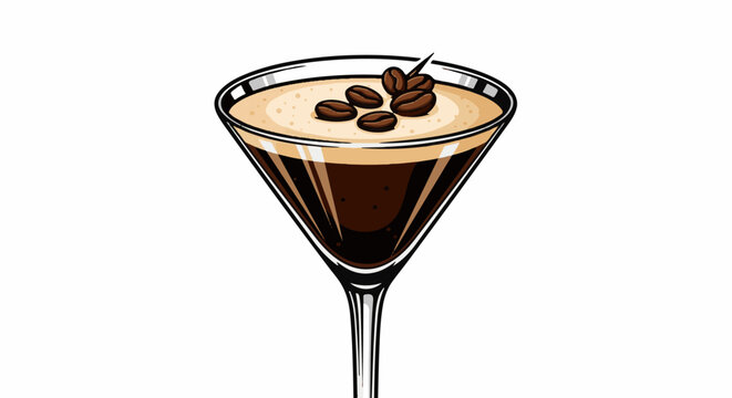 A martini glass filled with dark brown liquid and foam, topped with coffee beans