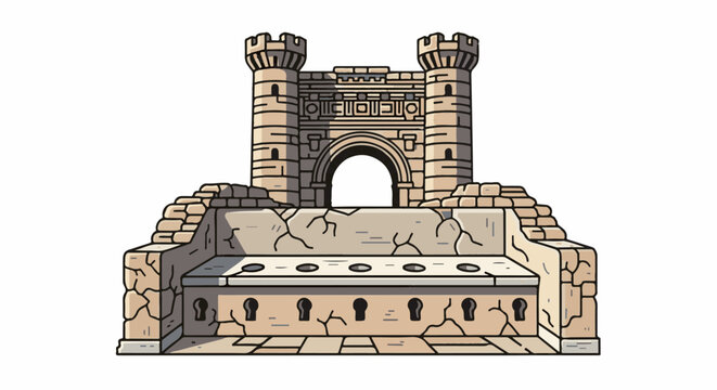 Ancient stone gatehouse with crumbling walls and keyhole shaped openings