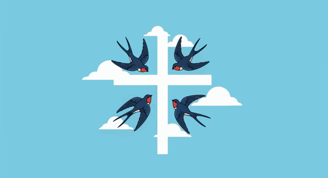 Four swallows fly around a white cross against a blue sky with clouds