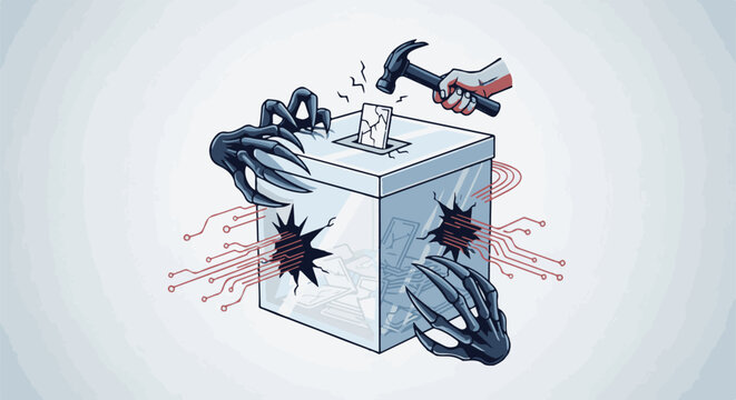 Election box attacked by clawed hands and struck by hammer