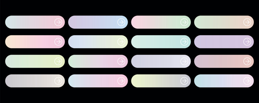 Pastel gradient button set, 16 colorful rounded rectangular web elements, soft holographic interface bars for website navigation and app design
