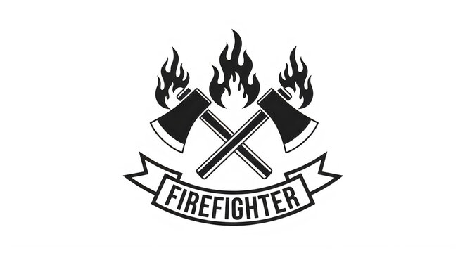 Firefighter logo with crossed axes and flames  fireman symbol transparent background