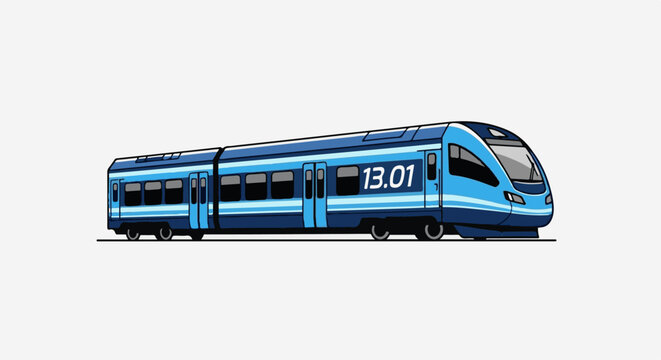 Modern blue train with windows and "13.01" on its side, on a white background