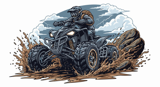 Rider on a four-wheel vehicle splashes through mud and rocks