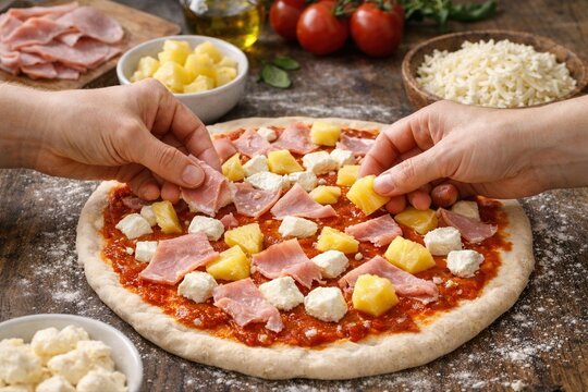 Hawaii Pizza wird mit Schinken und Ananas belegt
H&auml;nde belegen eine rohe Hawaii Pizza mit Schinken, Ananas und K&auml;se auf bemehlter rustikaler Arbeitsfl&auml;che
