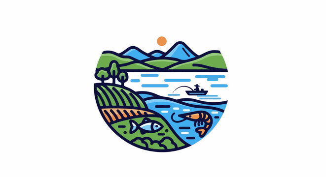 Pastoral scene with mountains, lake, fields, fishing, and seafood