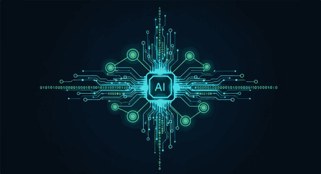 Abstract glowing AI circuit board with binary code on dark background
