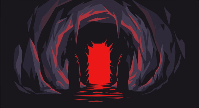 A dark, jagged cavern entrance with a bright red glow and shadowy figures