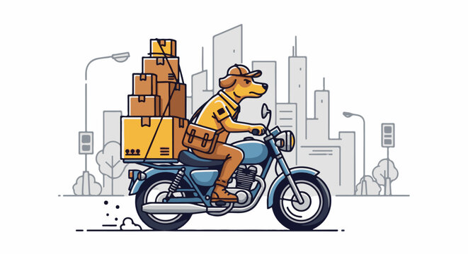 Anthropomorphic dog courier rides a motorcycle laden with packages through a city