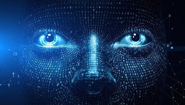 Digital Human Face with Blue Eyes.