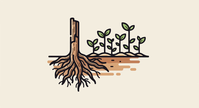 Exposed roots and seedlings growing from soil