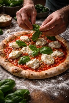 Rohe Bufalina Pizza mit Basilikum in Vorbereitung
Frische Bufalina Pizza mit B&uuml;ffelmozzarella, Basilikum und Tomatensauce auf bemehltem Holzbrett