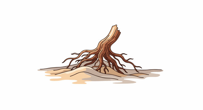 Stylized depiction of an exposed tree trunk base with spreading roots in sand
