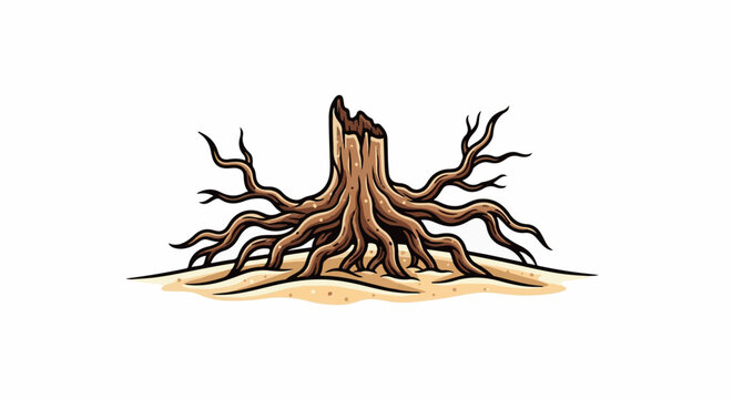An artistic illustration of a dead tree stump with visible roots protruding outwards