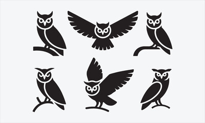 Obraz premium Owl Silhouette Vector Set Nocturnal Bird Icons Collection