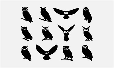 Fototapeta premium Owl Silhouette Vector Set Nocturnal Bird Icons Collection