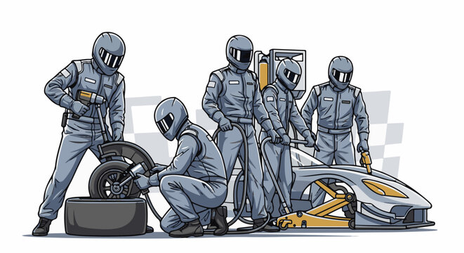 Pit crew in racing suits working on a futuristic race car