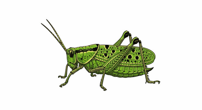 A detailed green grasshopper with black spots and large jumping legs