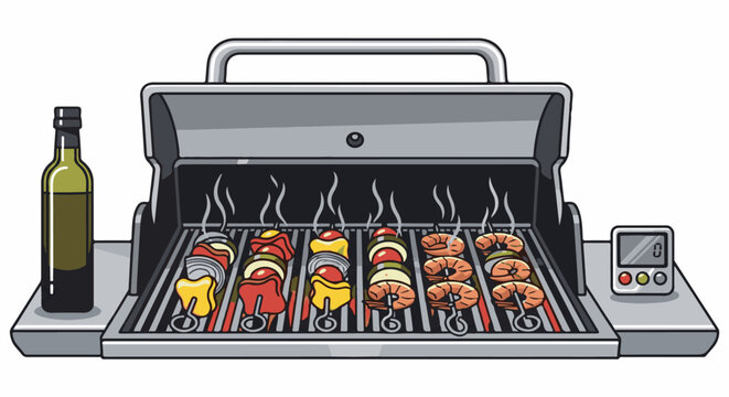 Grilled skewers and shrimp on a barbecue with a bottle of oil and timer