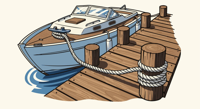 A blue motorboat is docked at a wooden pier with thick rope