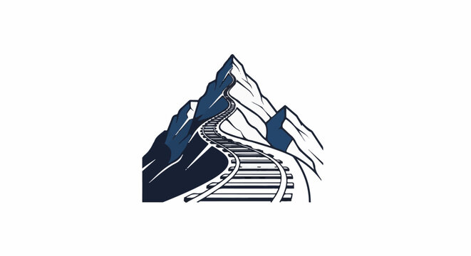 A winding railway track ascends a rugged mountain peak