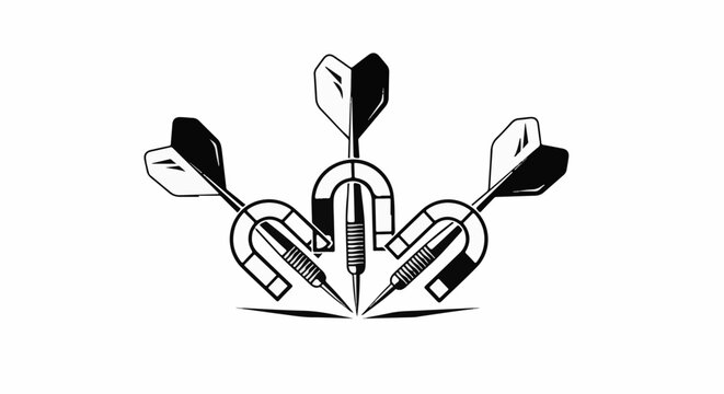 Stylized emblem with three darts and horseshoe magnets forming a crest