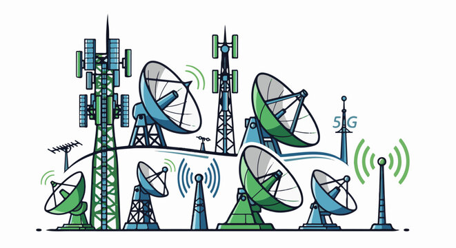 Diverse telecommunication towers and satellite dishes form a network