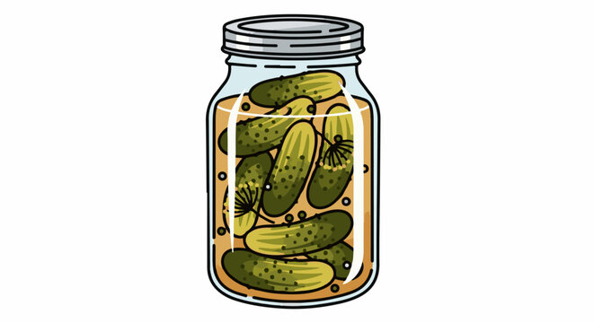 A glass jar filled with whole pickles and dill in brine