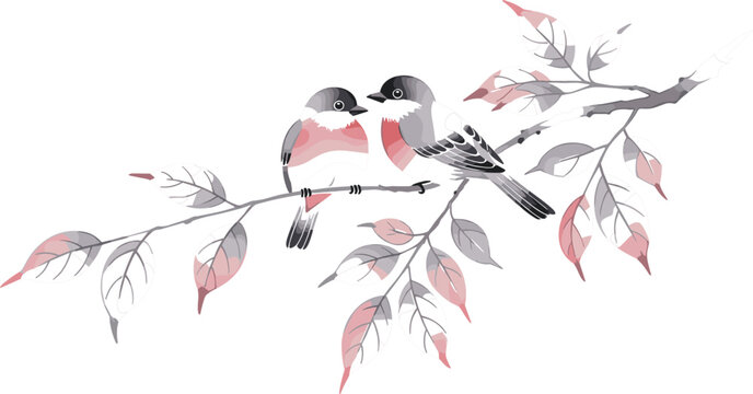 Minimalist bird vector line art with two songbirds on a branch and pastel leaf accents on white background