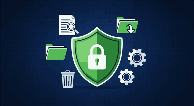 Digital shield protects data with lock, gears, files, and trash icon