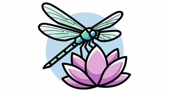 A cartoon dragonfly with iridescent wings rests on a pink lotus bloom