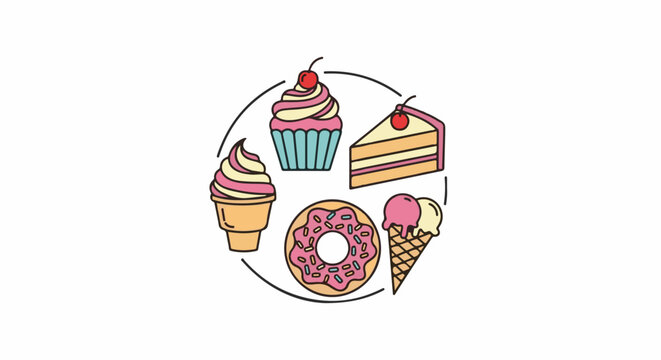 Sweet treats circle cupcake, ice cream, donut, and cake slices
