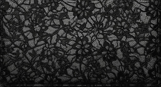 Ornate black lace fabric with intricate floral and vine patterns