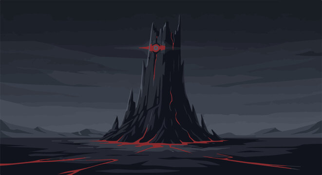 Pixelated dark tower with glowing red eye on a desolate, volcanic landscape