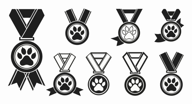 A collection of stylized paw print award medals in various designs