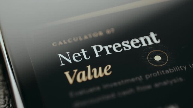 Calculator for Net Present Value on screen, close-up view