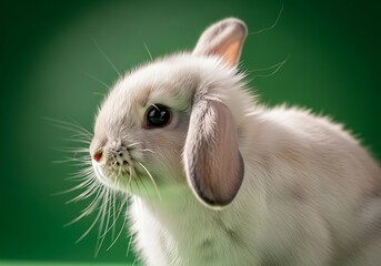 Obraz premium Close-up portrait of a cute lop-eared rabbit with soft fur and large eyes on a green background cute animal photography farm animal pet rabbit long ears portrait wildlife adorable