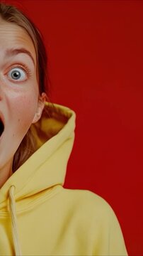 A young woman wearing a bright yellow hoodie and displaying a surprised facial expression. vertical frame