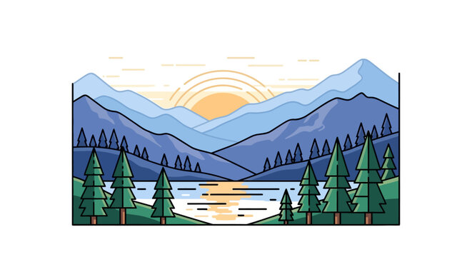 Vector illustration of a summer nature landscape featuring a green mountain hill with trees, a small village house, and white clouds in the blue sky
