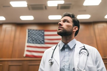 Fototapeta premium Hopeful Doctor Looking Up in a Courtroom with American Flag
