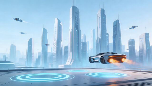 Futuristic flying car in scifi city
