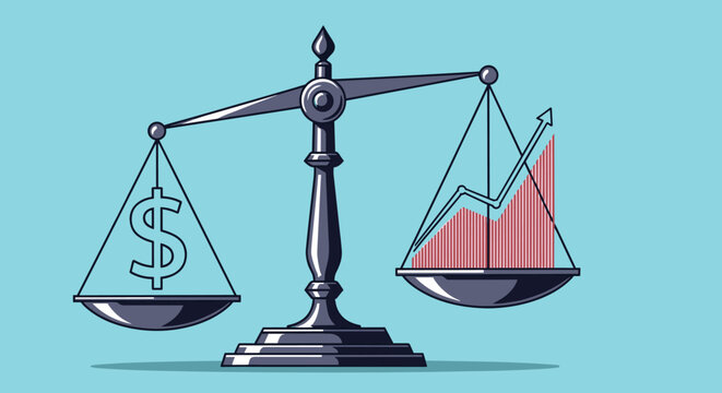 Balance scales with a dollar sign on one side and a rising bar chart on the other representing financial equity.