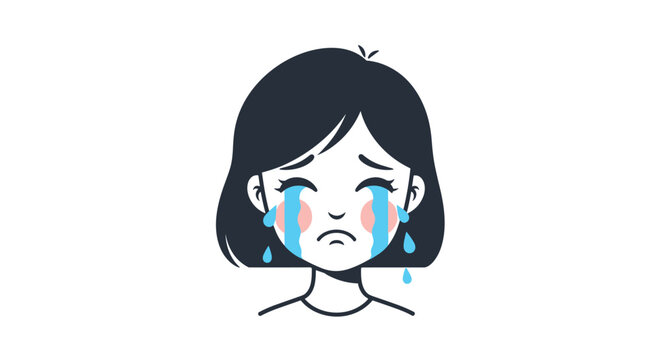 Emotional cartoon illustration of a young girl with black hair crying with large blue tears falling down her face on a white background.