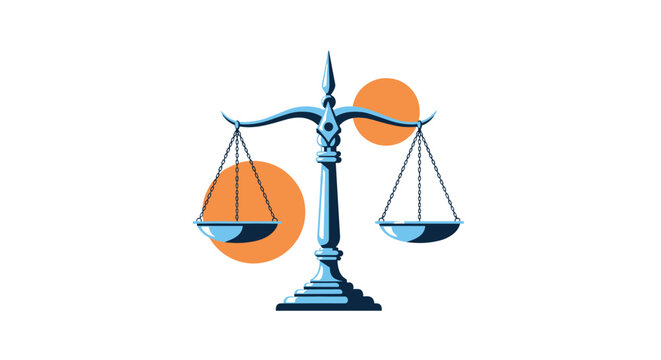 Blue scales of justice icon against an orange background symbolising law, legal authority, fairness, and equality in the judicial system.