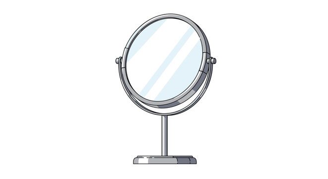 Modern circular makeup mirror on a silver metal stand with an adjustable tilting frame isolated on a plain white background.