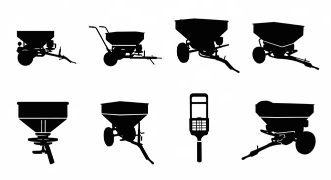 Collection of silhouetted lawn spreaders and fertilizer applicators for gardening and landscaping projects conceptual industrial equipment graphics