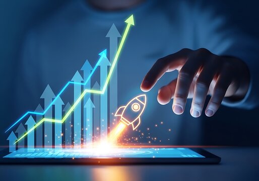 Digital illustration of a hand interacting with a tablet showing a rising graph and a rocket icon symbolizing growth and startup upward trend business technology increase interaction investment