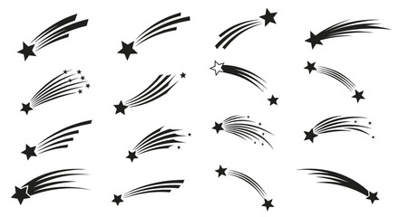 Collection of diverse stylized shooting star icons and symbols representing wishes dreams and celestial events with streaks and trails on a clean white grid background © Kamola