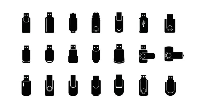 Diverse collection of black usb flash drive icons and symbols showcasing various designs and connector types isolated on a clean white background representing digital storage